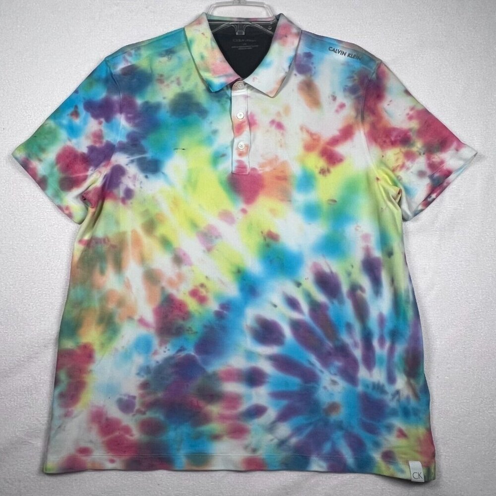 Calvin Klein Tie Dye Polo‎ Shirt Womens LG Short Sleeve 90s